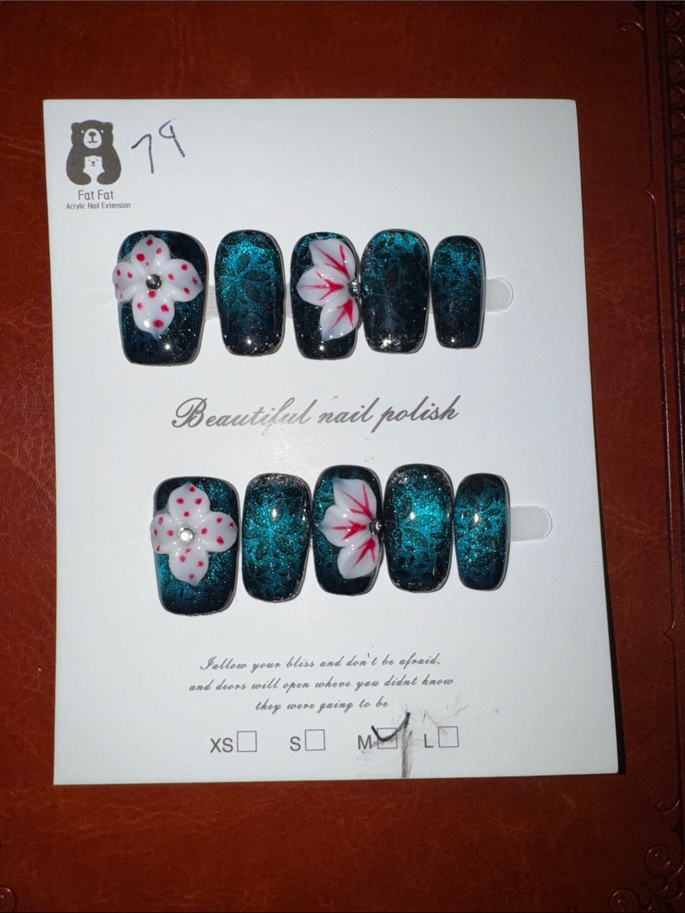 Teal Glitter Press-On Nails with Floral Accent